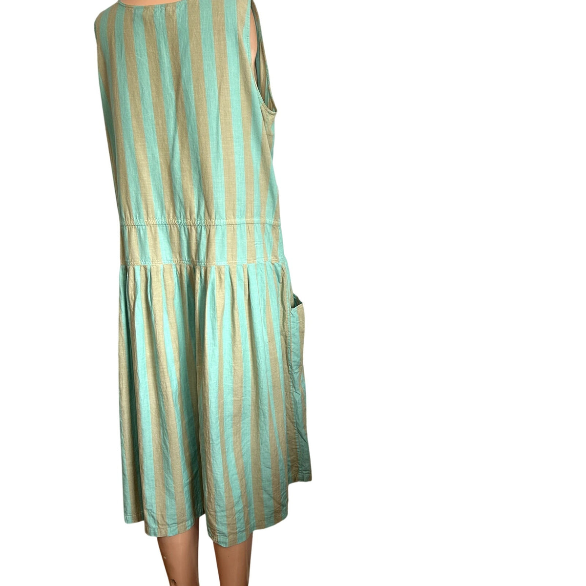Phool Blue Tan Striped Buttons Pleated Cotton M Midi Dress Coastal Prairie Boho