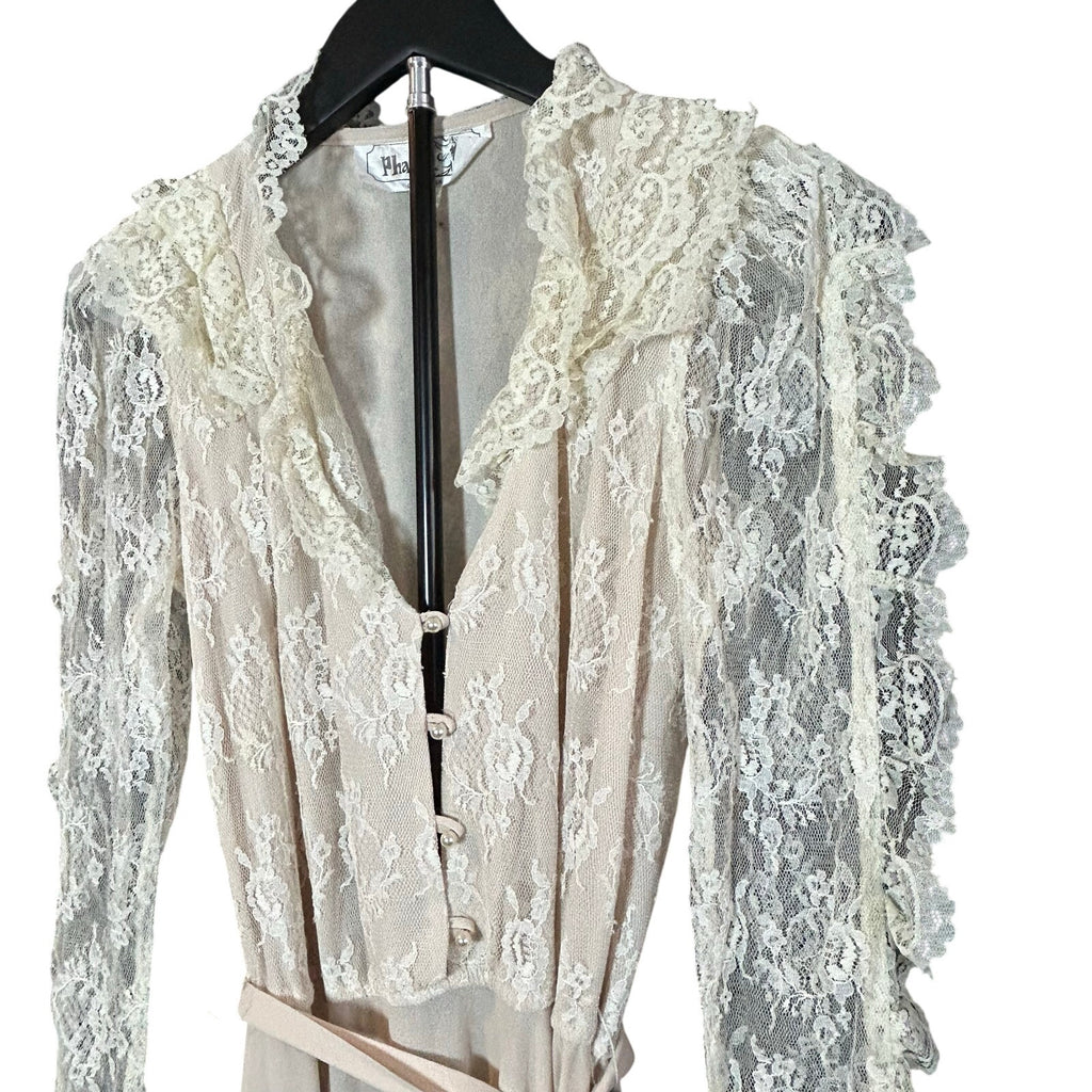 VTG 70s Phase II California Lace Ruffle Maxi Dress Cream Size 6 Victorian Pearl