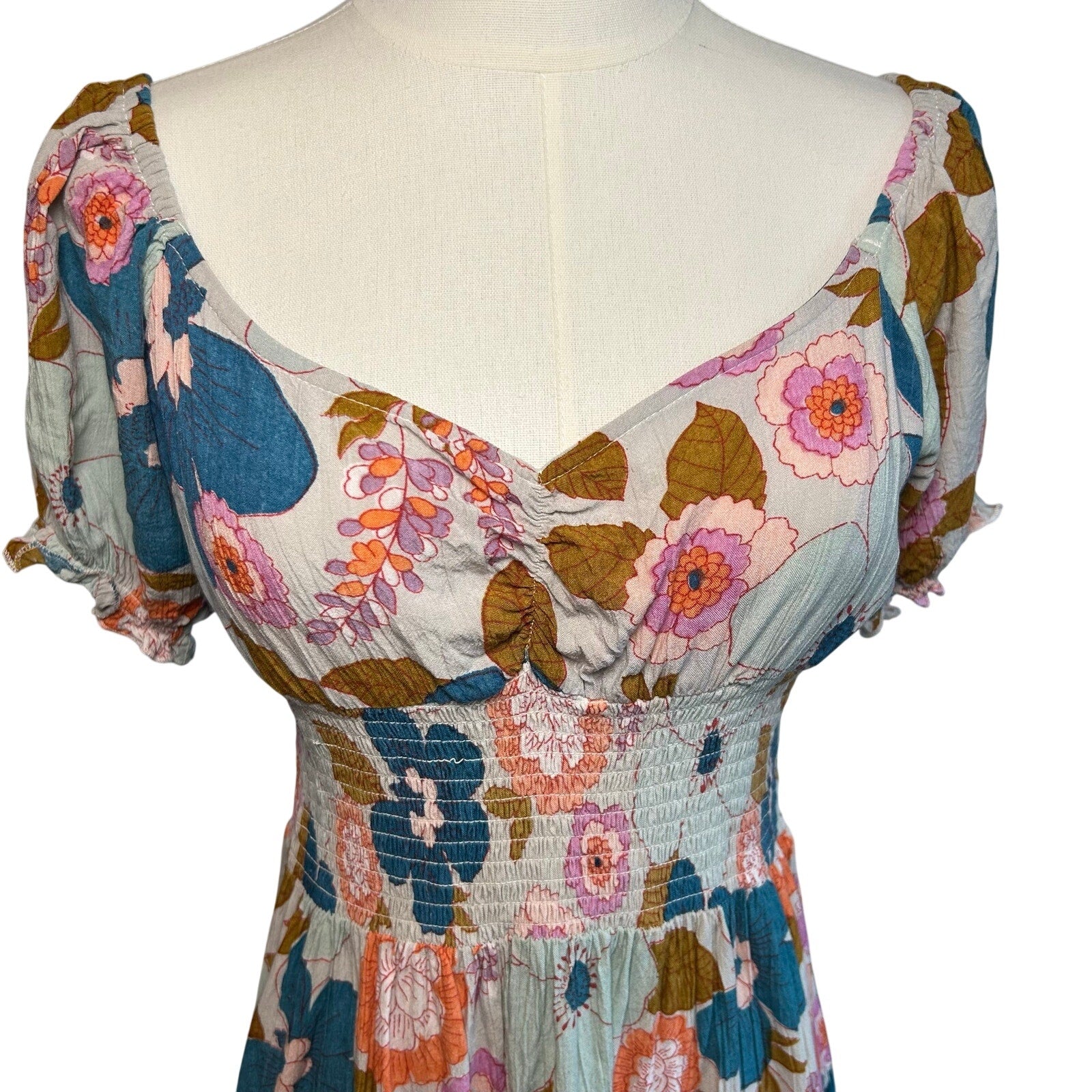 Angie Floral Smocked Boho Mini Dress Medium Cottage Indie Retro Rayon Festival