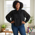 Zara Pleated Tie Neck Blouse Black Sheer Chiffon Pussy Bow Shirt Woman Large L