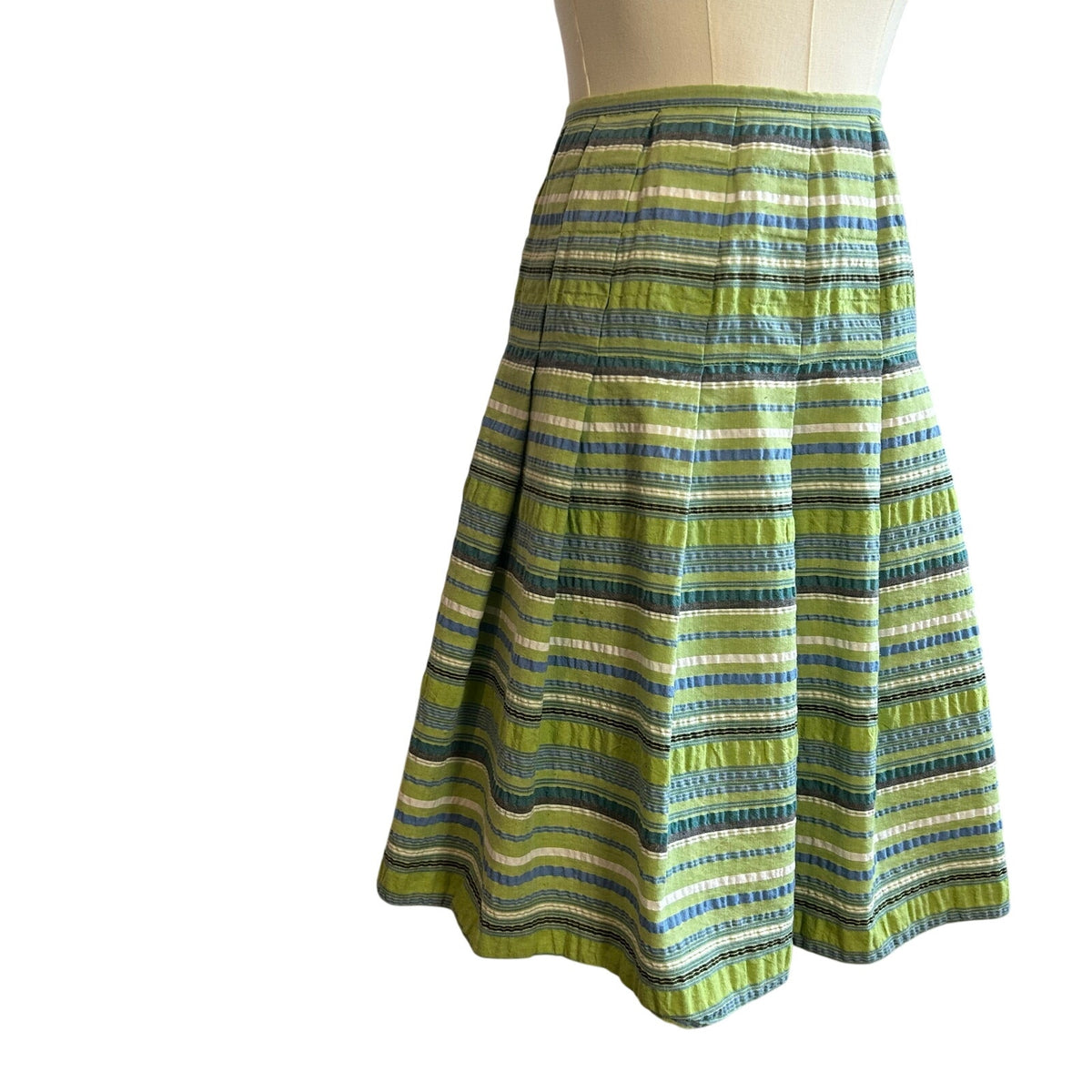 VTG 90s Green Seersucker Cotton Blend Lined Midi Skirt 8 Preppy Retro Cottage