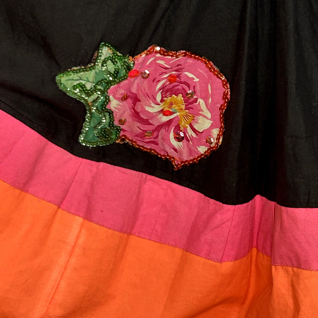 VTG 70s Vintage XS Black Pink Mexican Folkloric Flounce Sequin Dress Retro