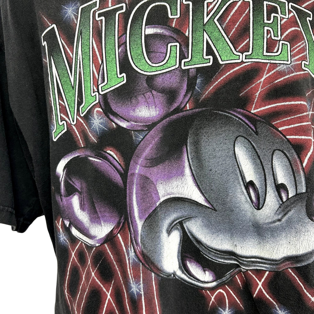 VTG 90s Disney Mickey Unlimited L Black Fireworks T-Shirt Trashed Grunge