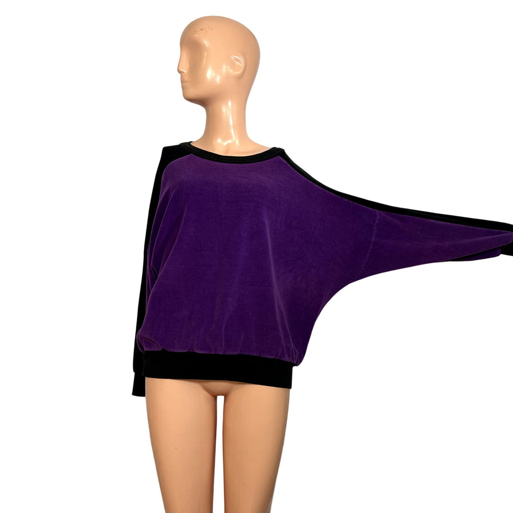 VTG 80s Como Sport M Purple Black Velour Top Colorblock Batwing Casual Retro