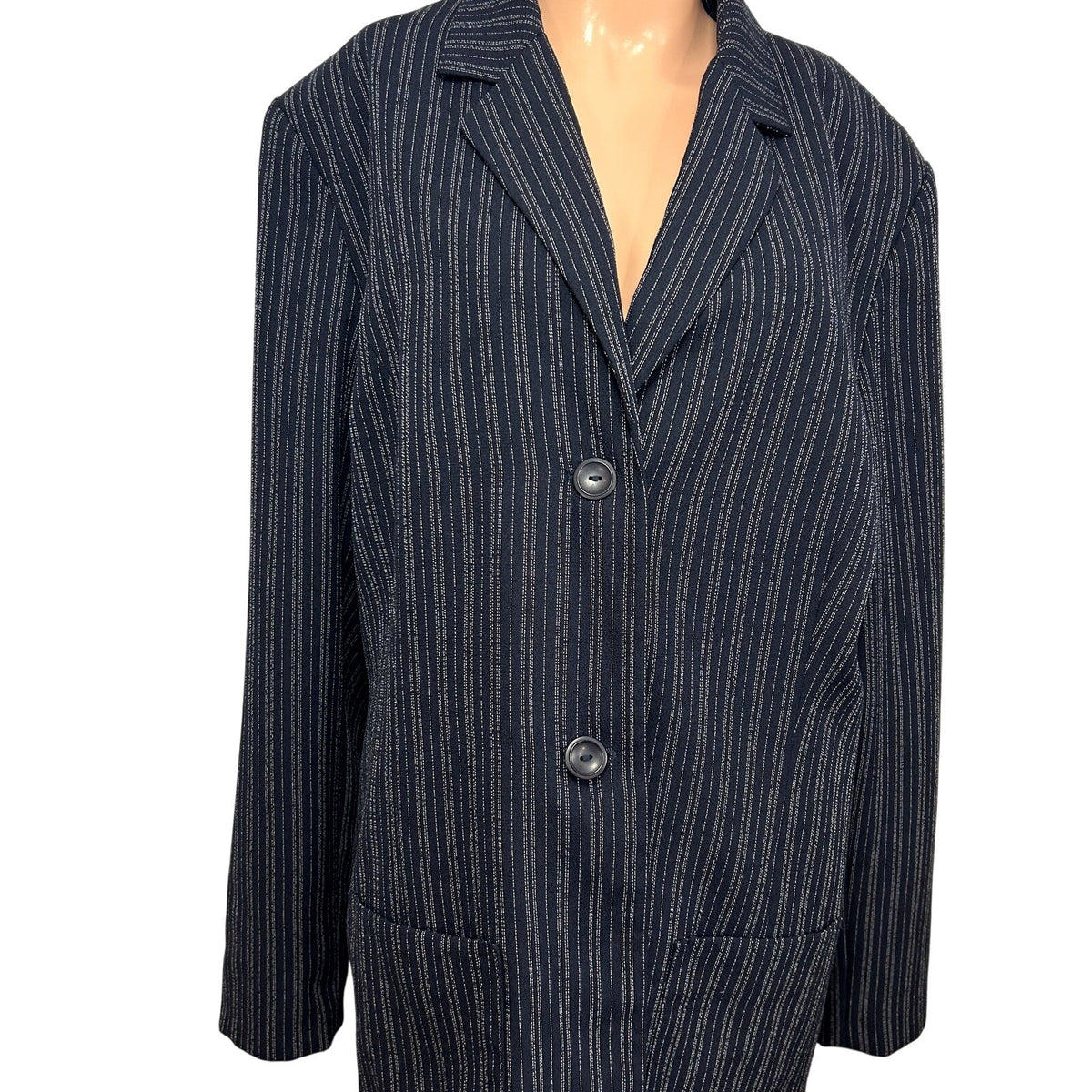 Karen Scott 18 Navy Blue Pinstripe Single Breasted Lined Career Blazer Jacket