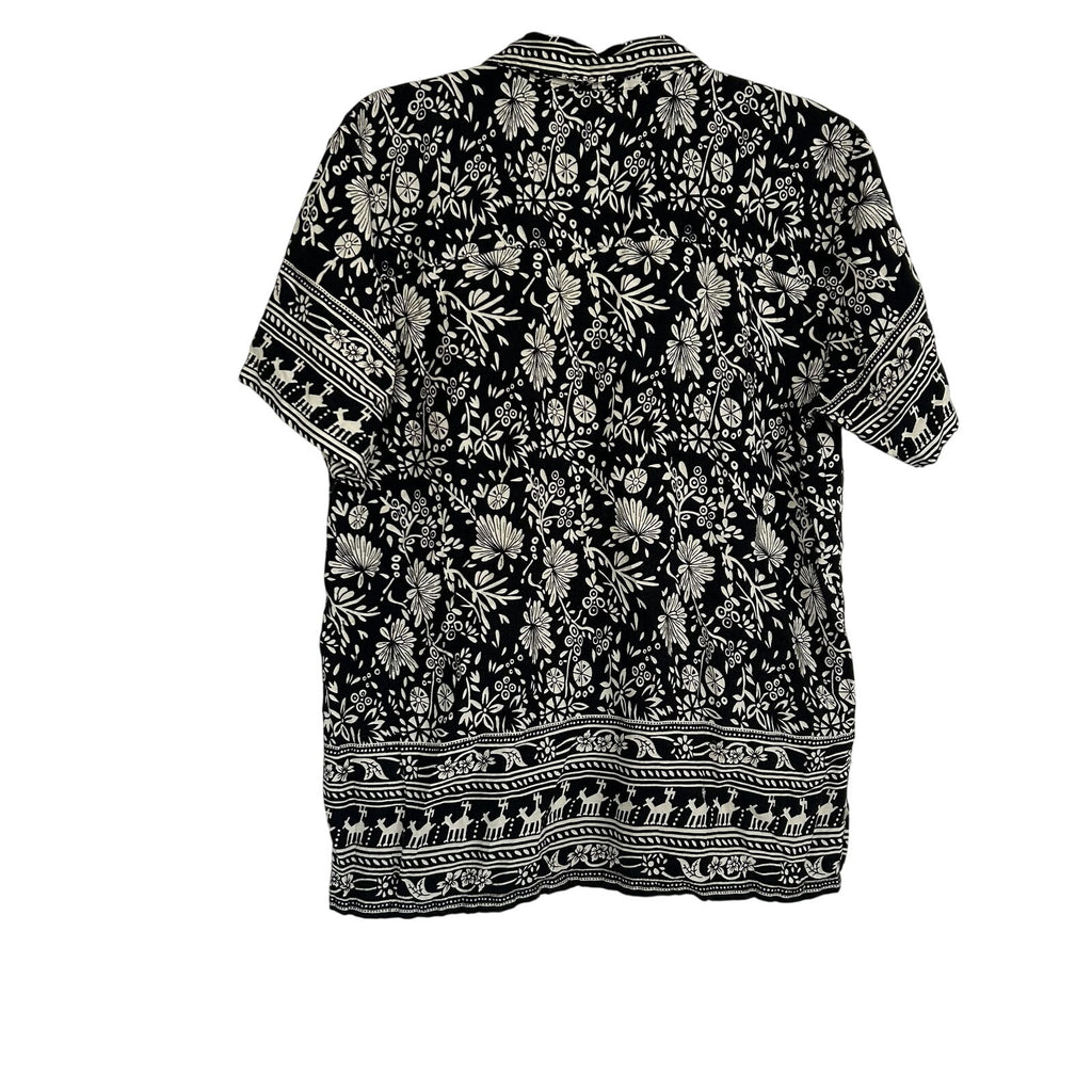 VTG Studio Basic Black White Floral Deer Border Print Rayon Blouse Size L