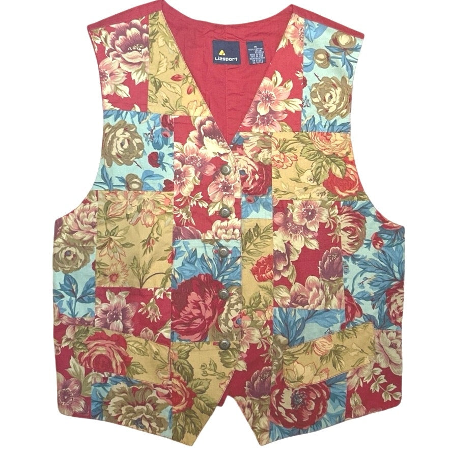 VTG 90s Lizsport Patchwork Floral Cotton Vest Pockets M Dark Academia Whimsygoth