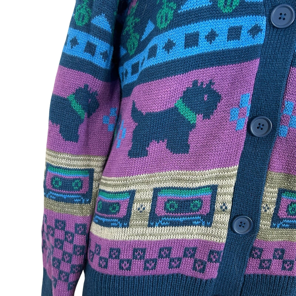 Netflix Stranger Things S Purple Blue Fair Isle Cassette V-Neck Knit Cardigan