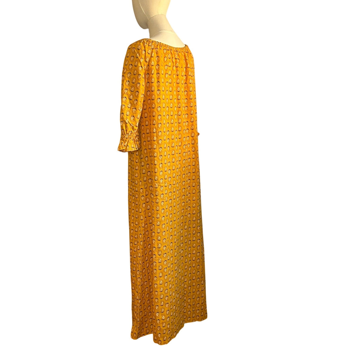 VTG 70s Yellow Maxi Paisley Dress L Cottage Boho Handmade Peasant Prairie Retro