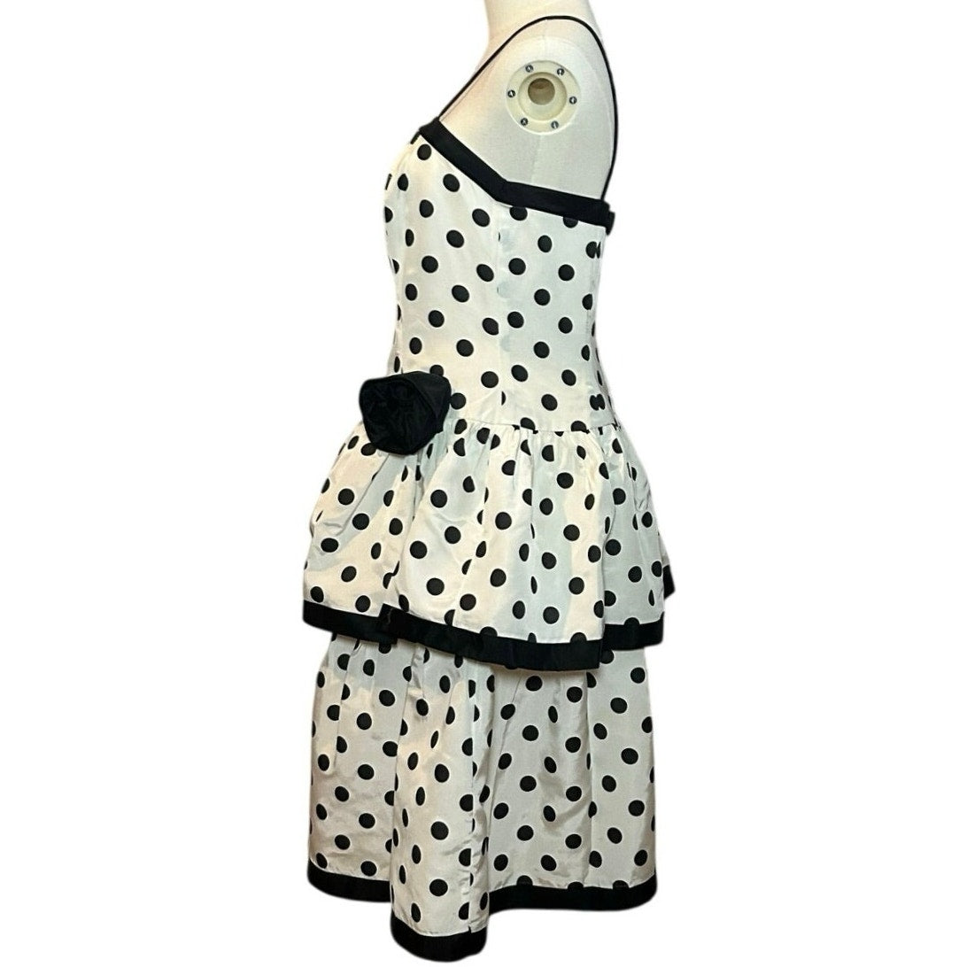 VTG 80s Stop Staring! Polka Dot B&W Medium Tiered Drop Waist Dress Rockabilly