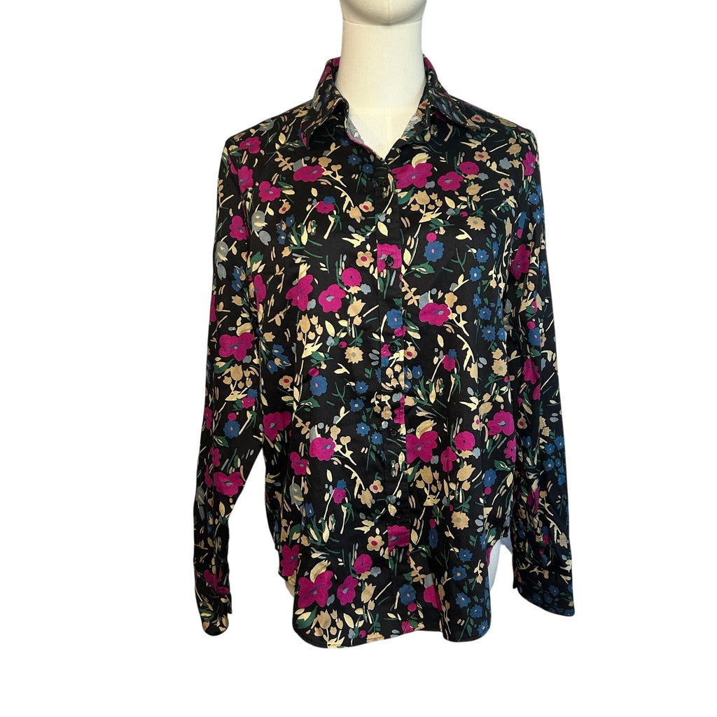 Lauren Ralph Lauren Floral Non-Iron Button Down Shirt Medium Black Pink Career