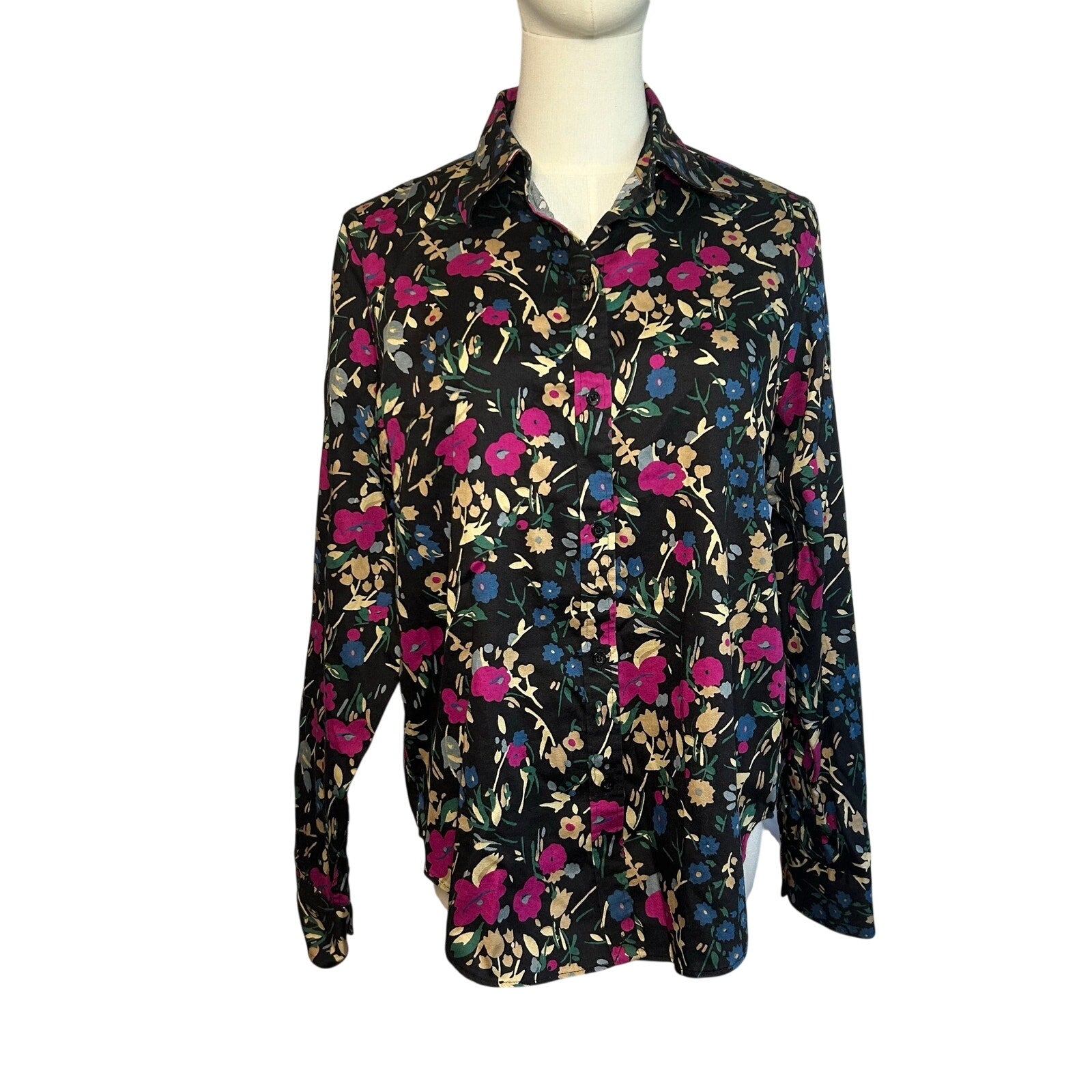 Lauren Ralph Lauren Floral Non-Iron Button Down Shirt Medium Black Pink Career