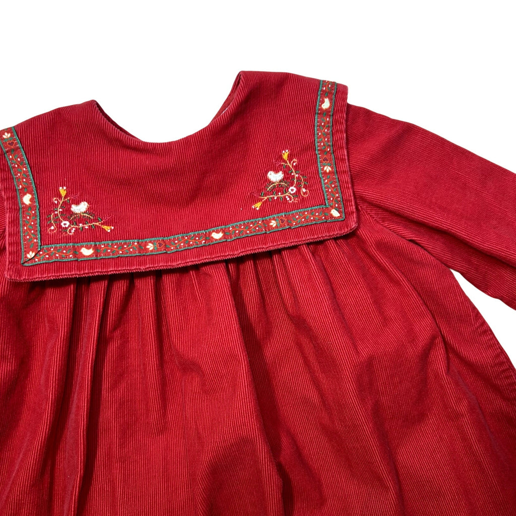 VTG 90s Jacadi Paris 3T Red Corduroy Sailor Collar Birdhouse Dress Embroidered