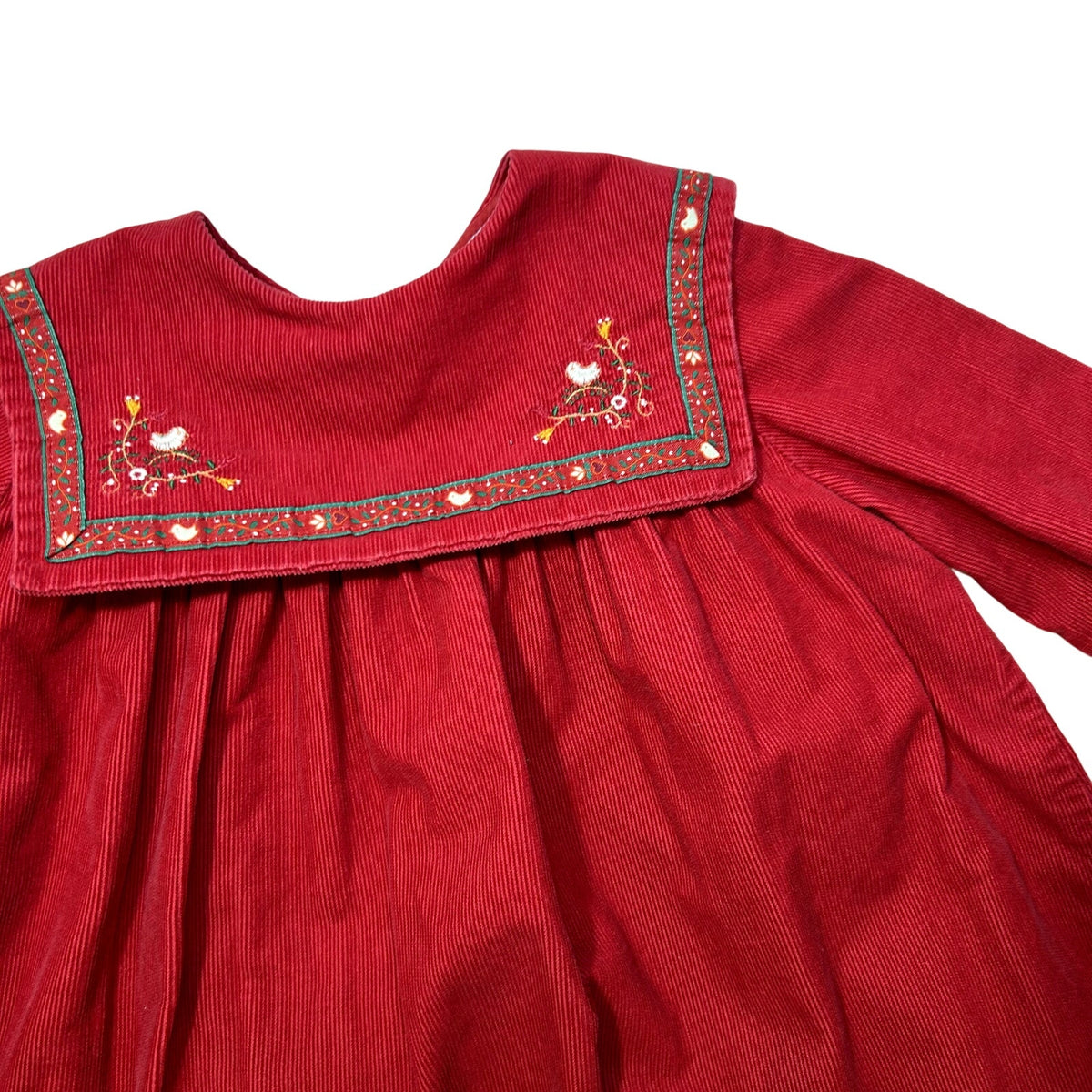 VTG 90s Jacadi Paris 3T Red Corduroy Sailor Collar Birdhouse Dress Embroidered
