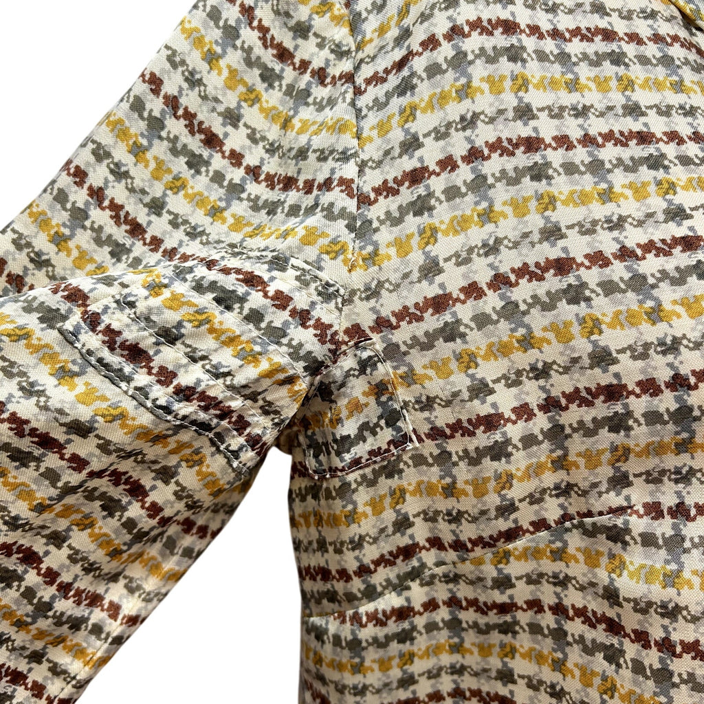 VTG 70s Sir Norman Hartnell M Tan Silk Houndstooth Pussy Bow Couture Blouse