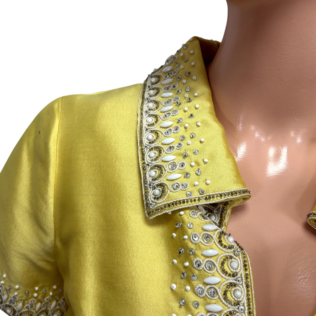 VTG 60s Sir Norman Hartnell S Yellow Beaded Wool Silk Couture Regency Midi Dress