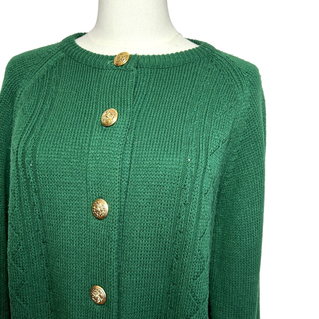 VTG 70s L Green Fair Isle Gold Button Cardigan Sweater Dark Academia Preppy Twee