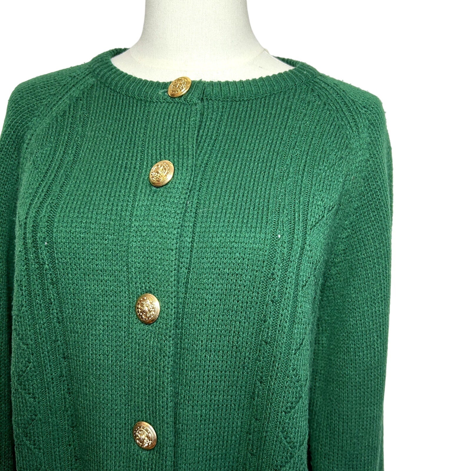 VTG 70s L Green Fair Isle Gold Button Cardigan Sweater Dark Academia Preppy Twee
