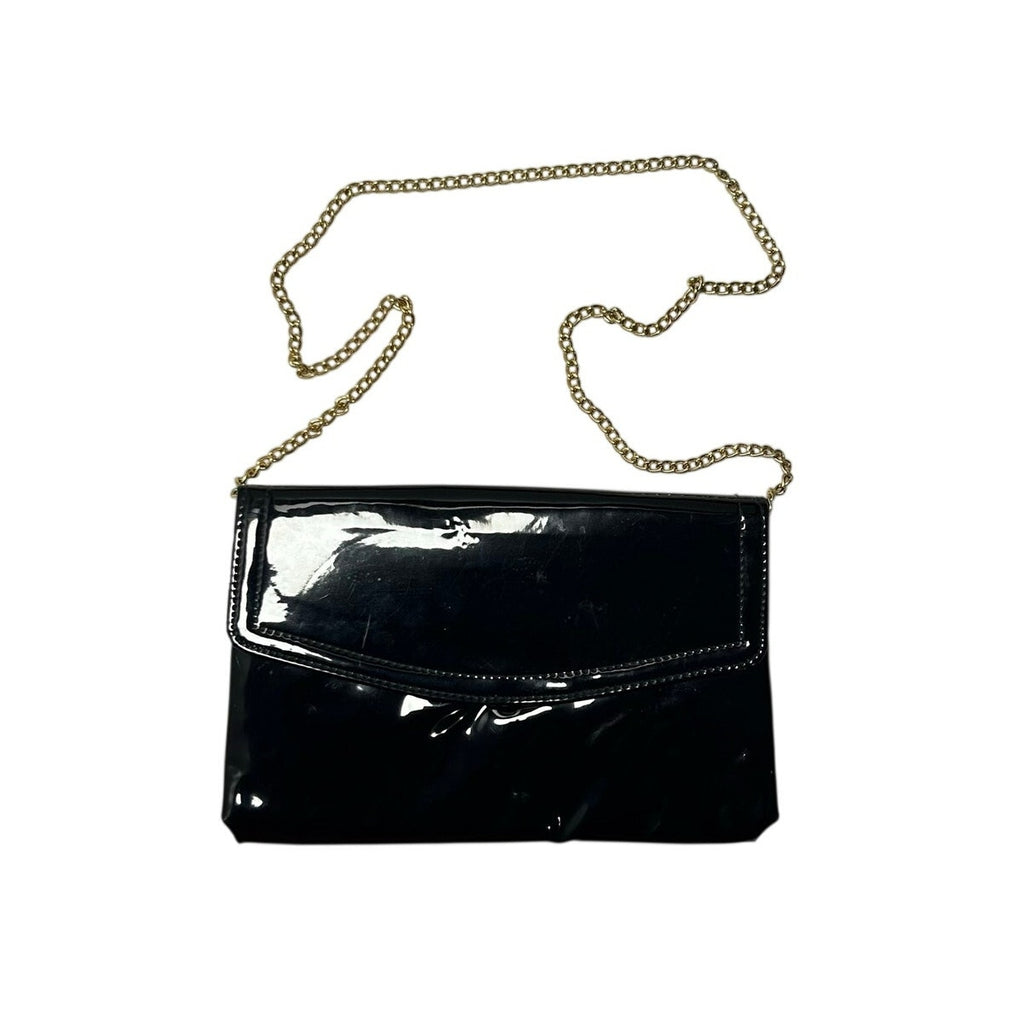 VTG 70s Patent Leather Black Gold Chain Convertible Clutch Shoulder Bag Purse