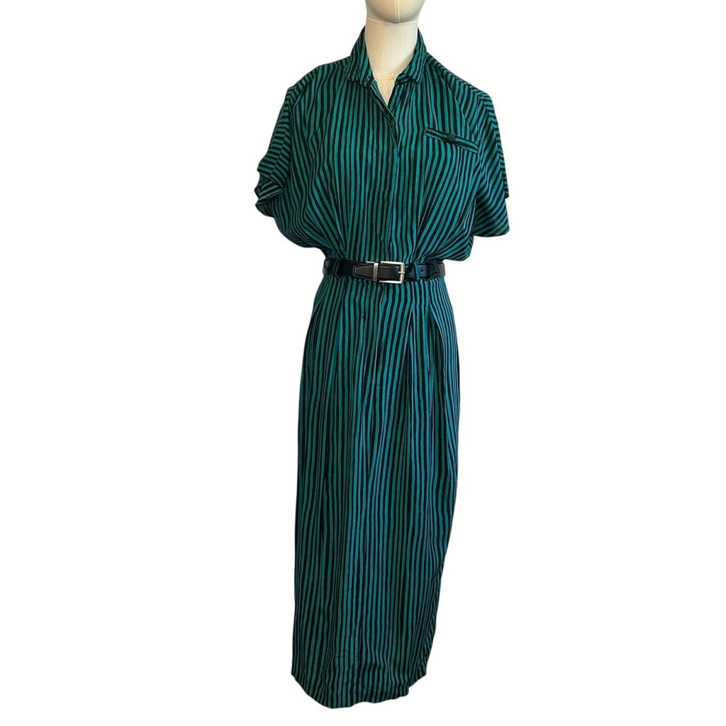 VTG 80s Scarlett Green Black Striped Rayon Midi Dress S Retro Boho Whimsigoth