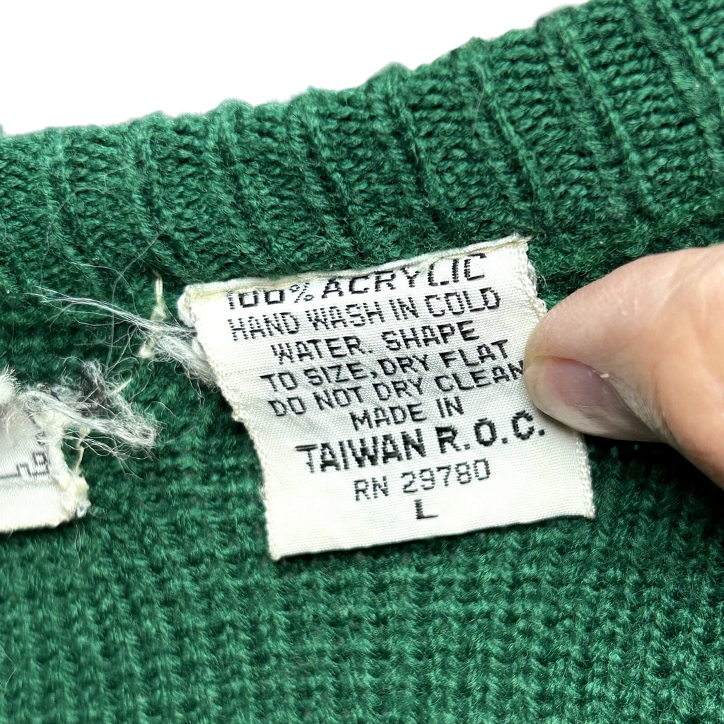 VTG 70s L Green Fair Isle Gold Button Cardigan Sweater Dark Academia Preppy Twee