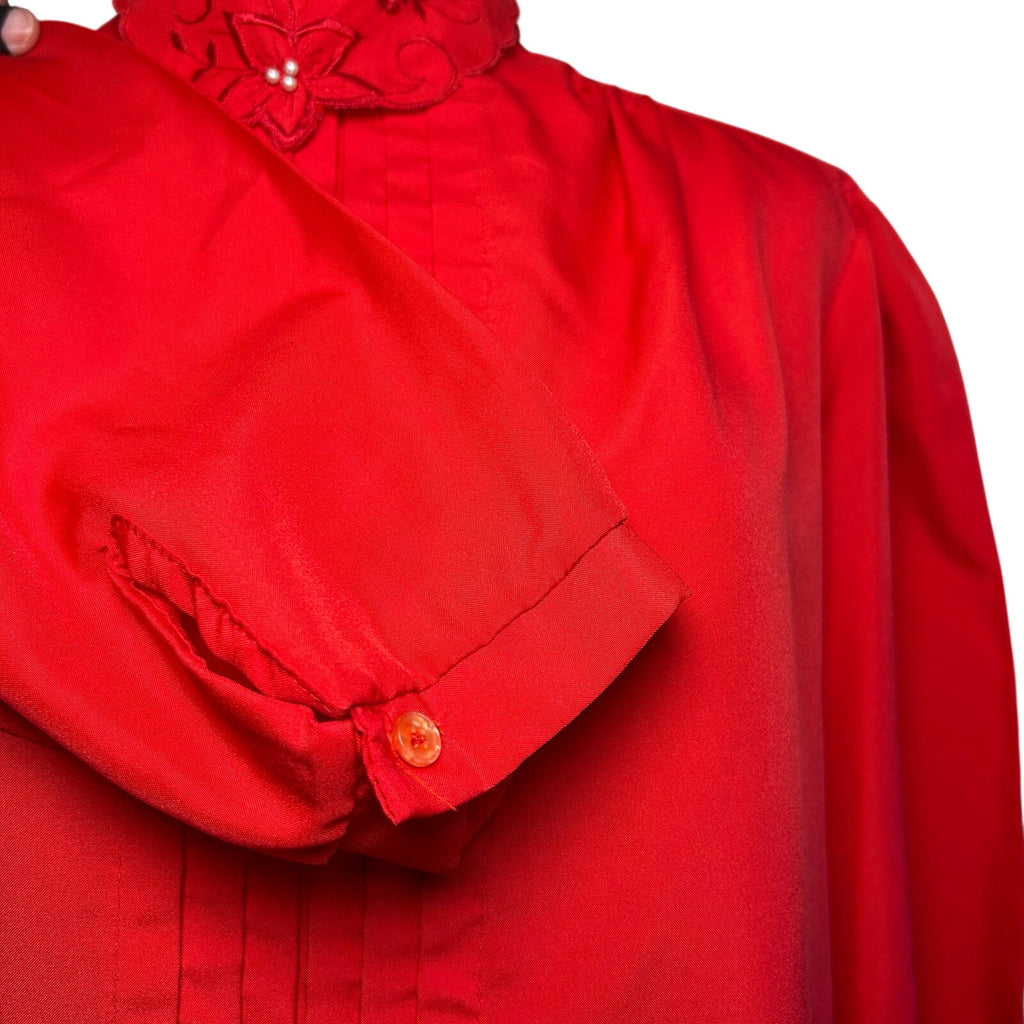 VTG 80s Claudia L Red Poinsettia Holiday Blouse Romantic Retro Twee Coquette