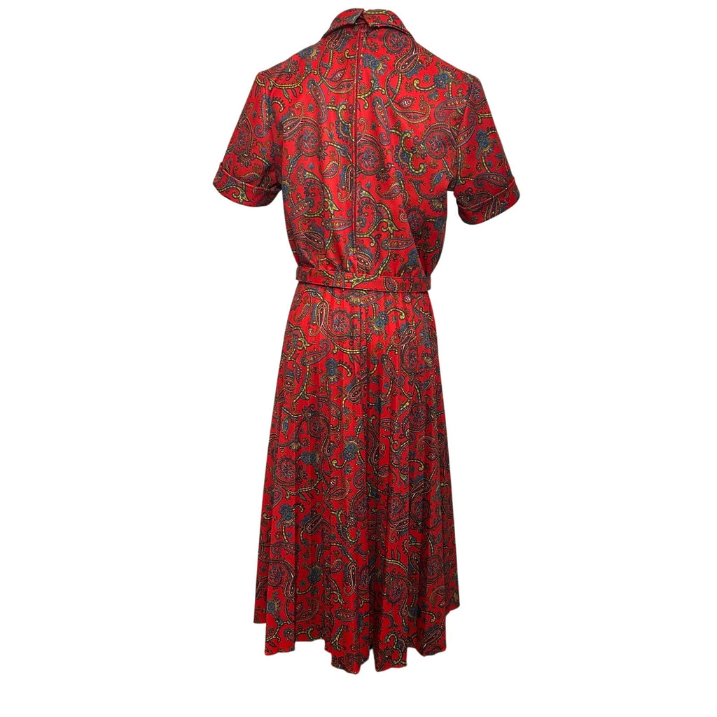 VTG 70s Red Paisley Dagger Collar Midi Dress with Matching Belt M Whimsygoth
