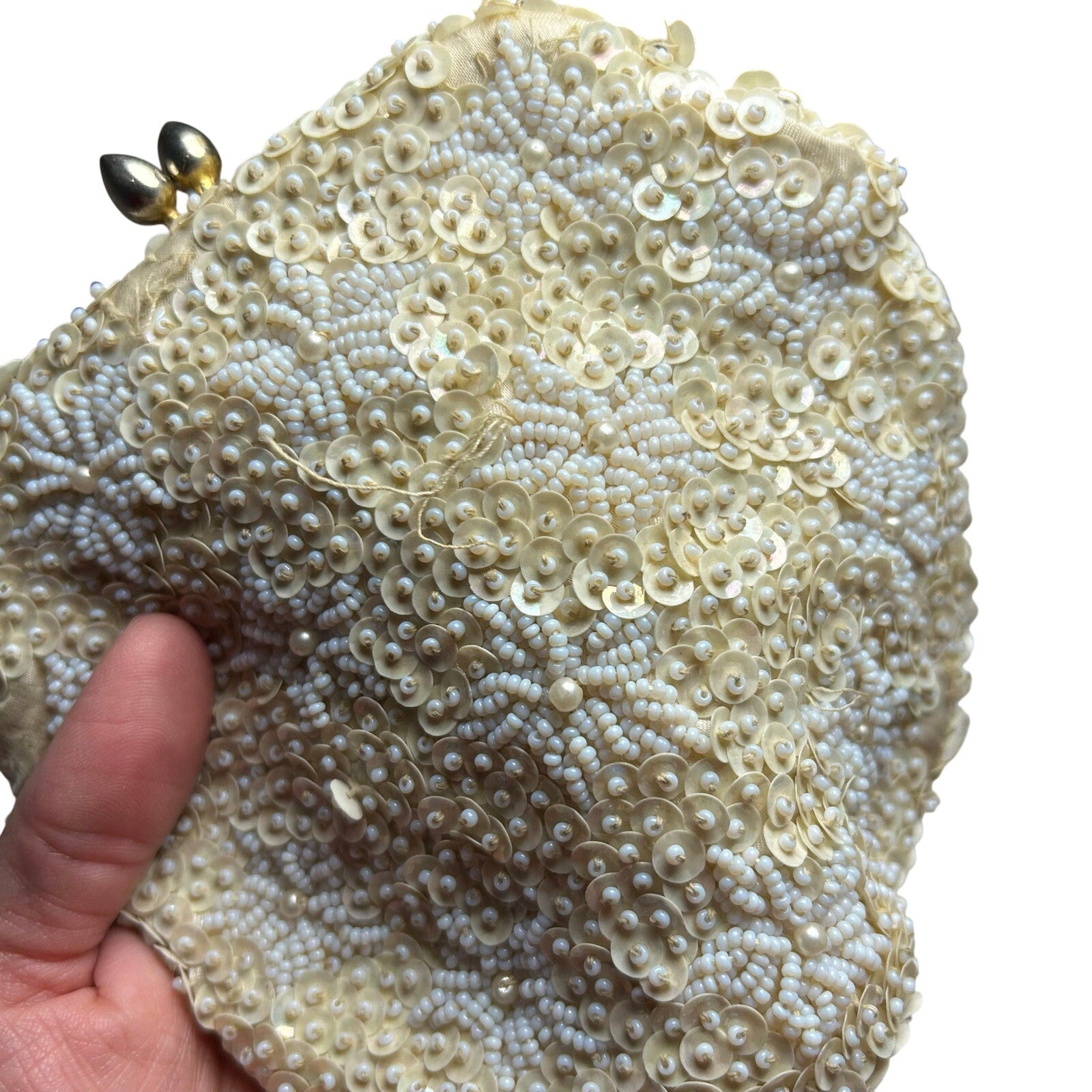 VTG 50s Cream Sequin White Floral Clutch Evening Bag Bridal Prom Retro Glam Twee