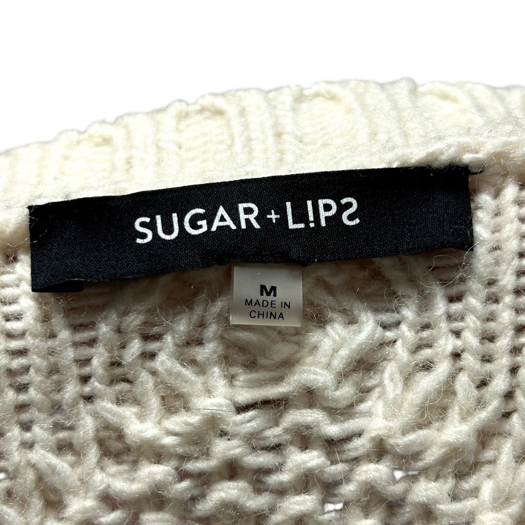 SugarLips M White Knit Fair Isle Fringe Fisherman Sweater Boho Chic Cottage