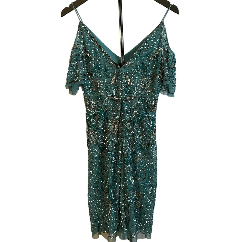 VTG Aidan Mattox Teal Silver Beaded Sequin Cold Shoulder Mini Cocktail Dress 2