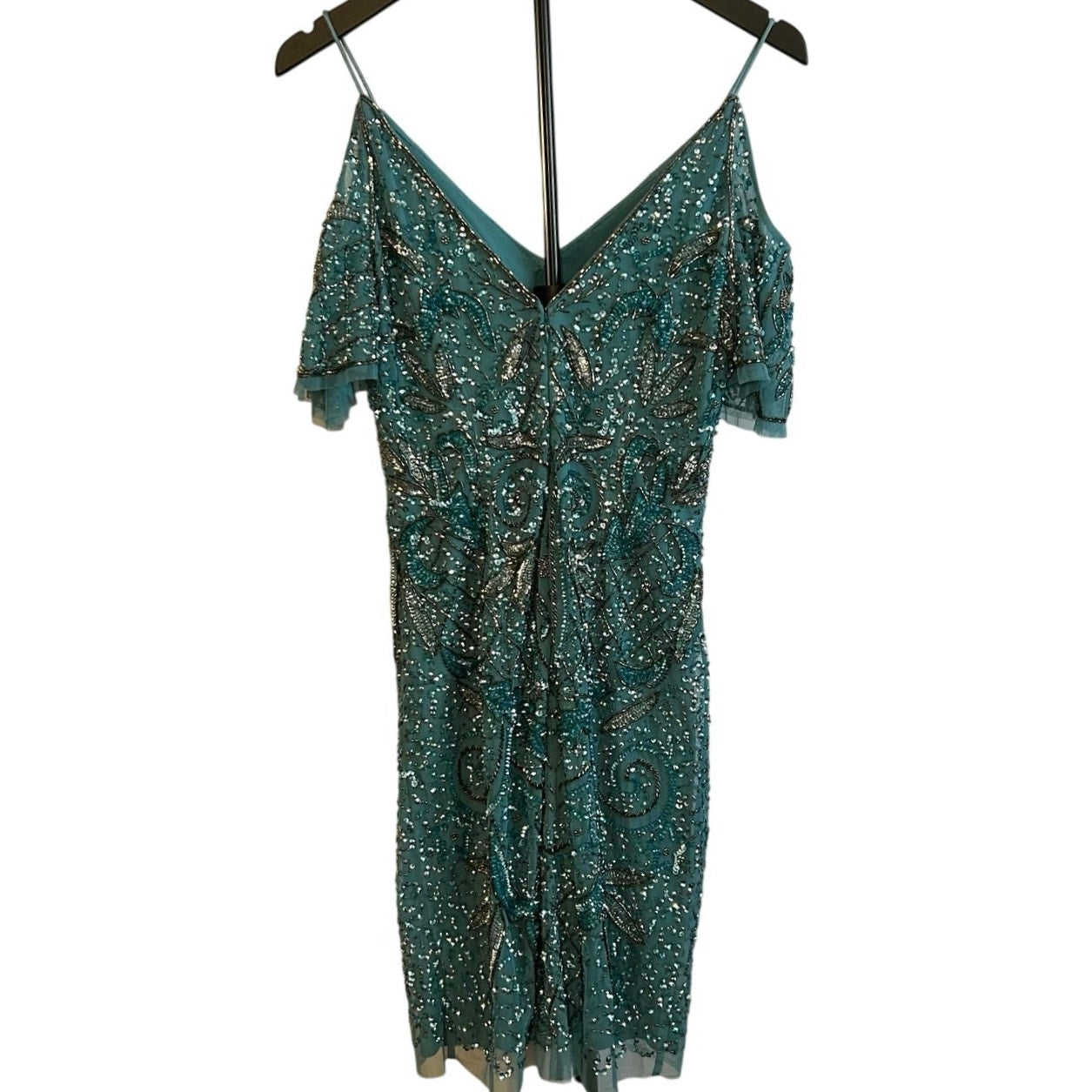 VTG Aidan Mattox Teal Silver Beaded Sequin Cold Shoulder Mini Cocktail Dress 2