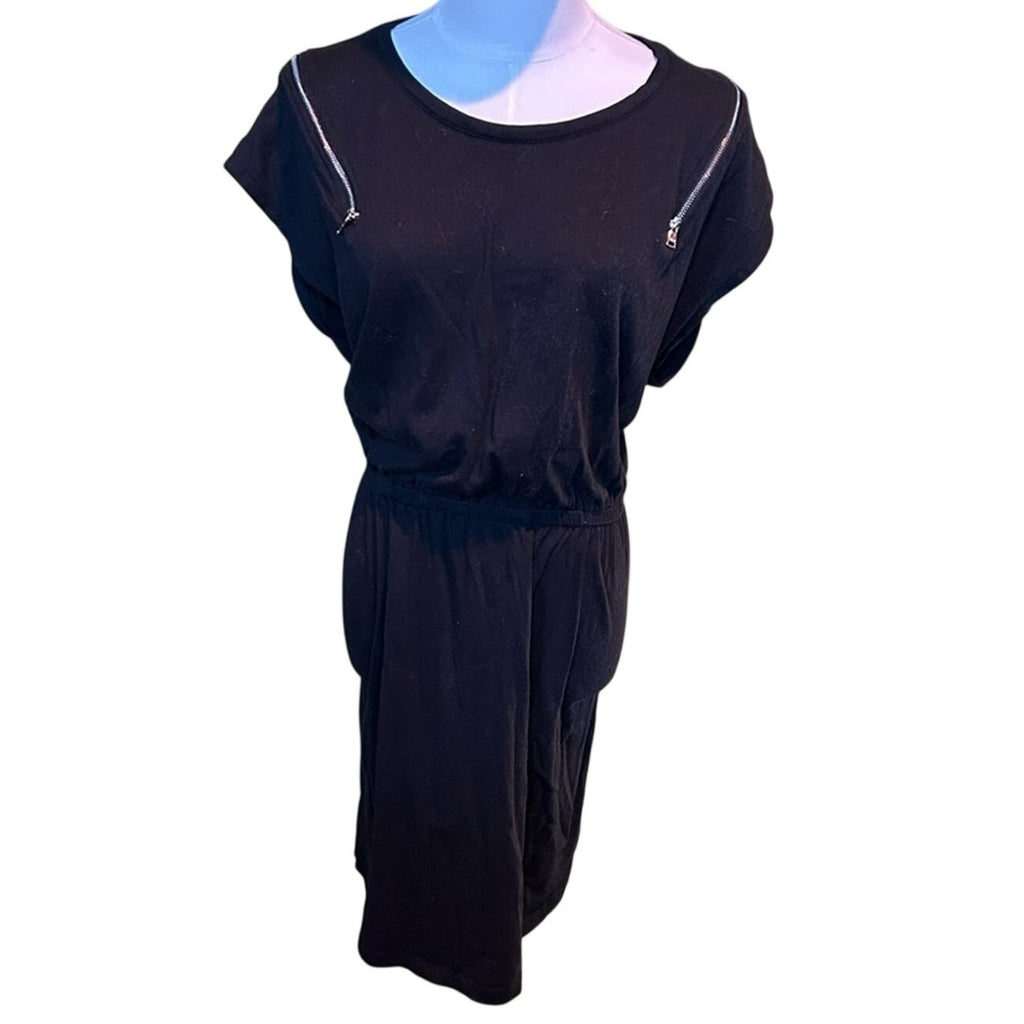 DKNY Black Mini Dress Zipper Shoulder Accents Elastic Waistband Edgy Punk XL