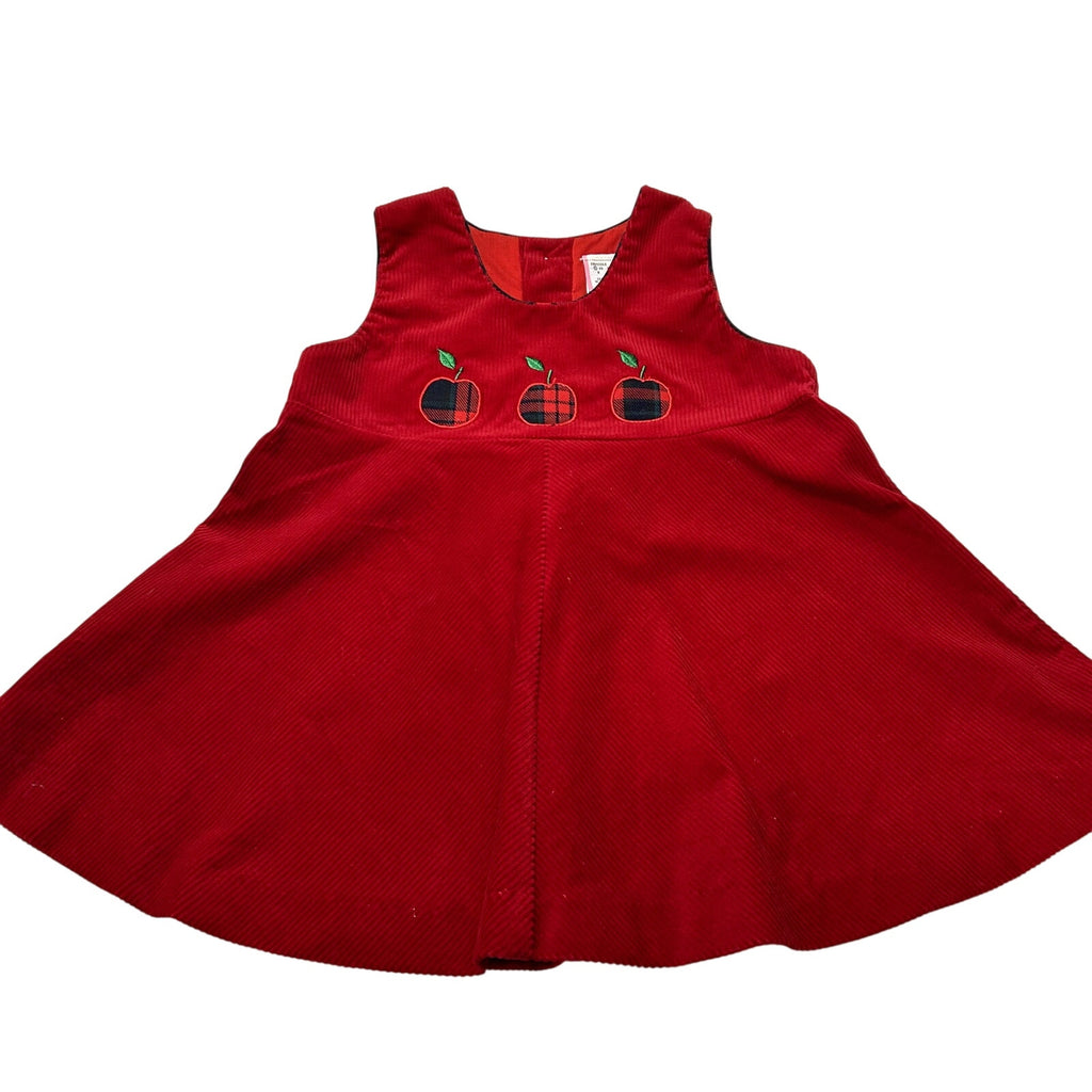 VTG 90s 24M Red Corduroy Embroidered Apple Buffalo Plaid A-Line Pinafore Dress