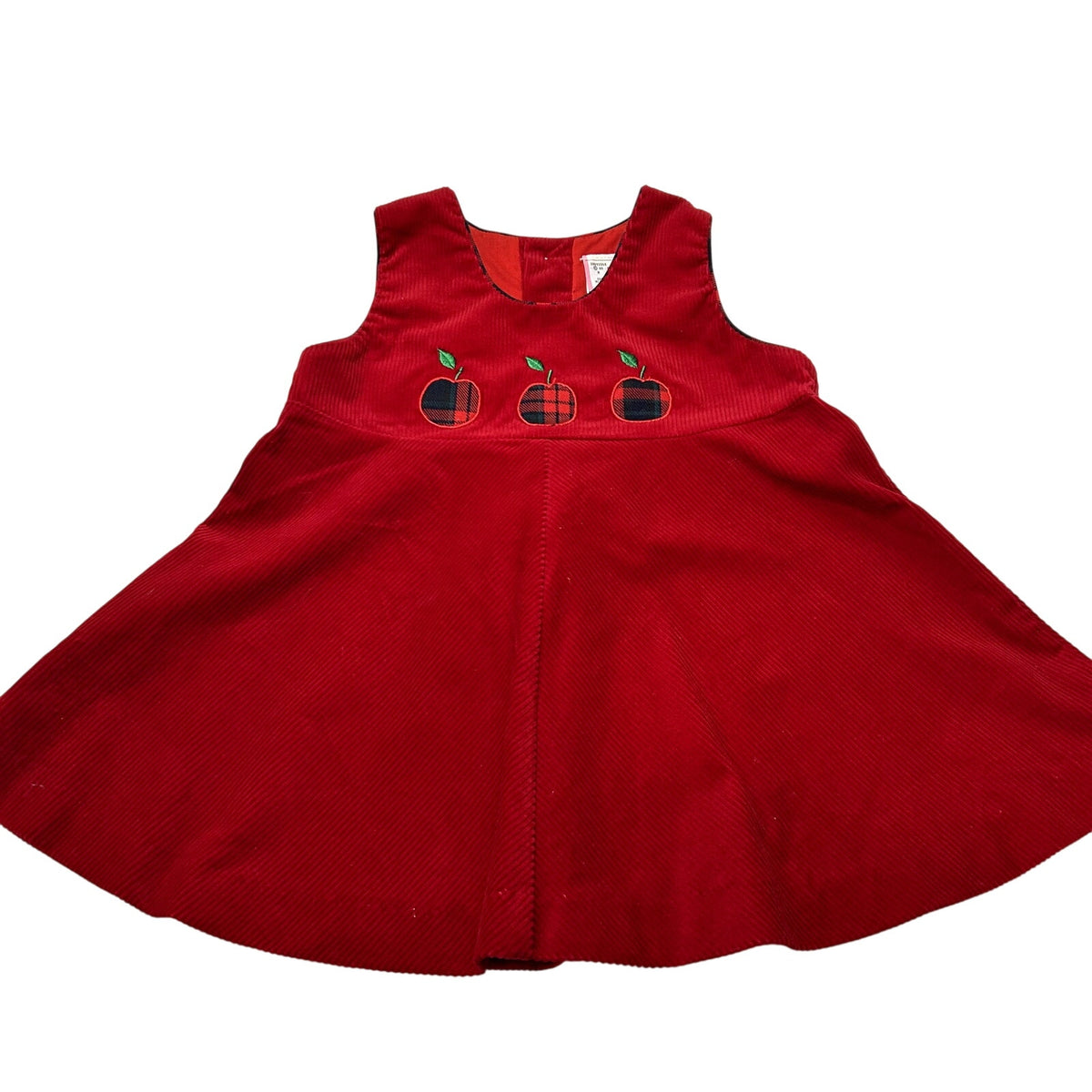 VTG 90s 24M Red Corduroy Embroidered Apple Buffalo Plaid A-Line Pinafore Dress