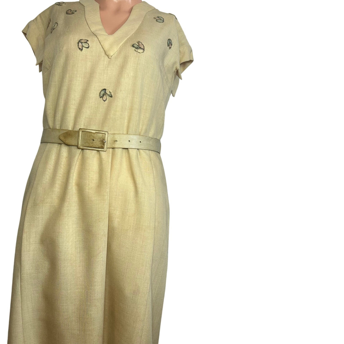 VTG 50s Hartnell Yellow Silk Applique Linen S Jacket Dress Set Feminine Wedding