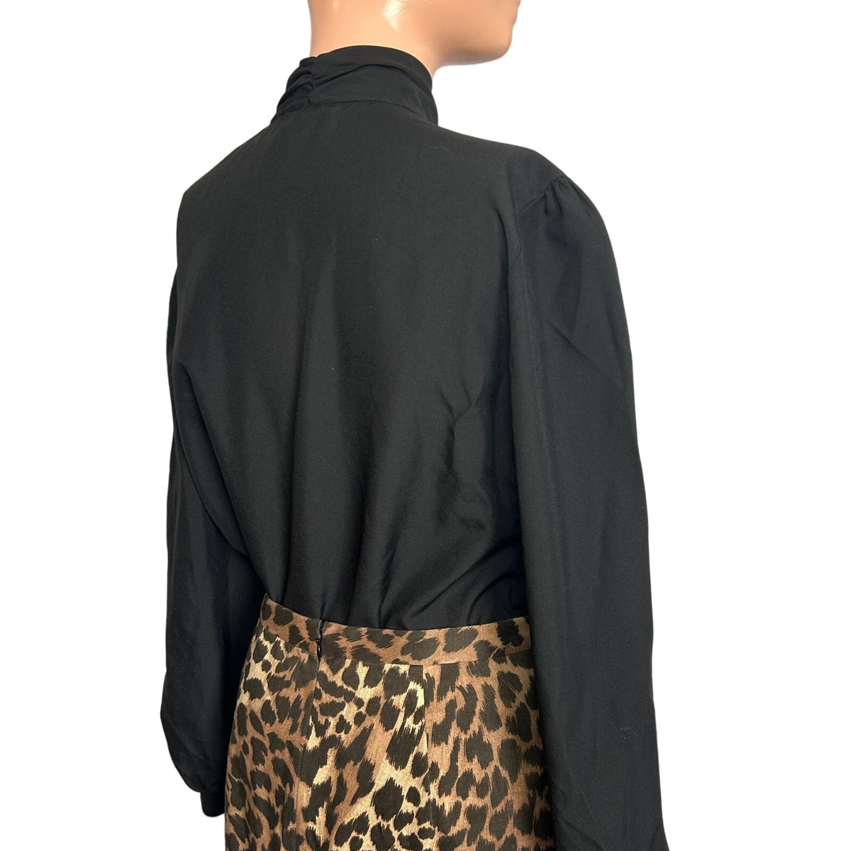 VTG 80s Laura Mae Black Mock Neck L Button Down Pleated Top Dark Academia