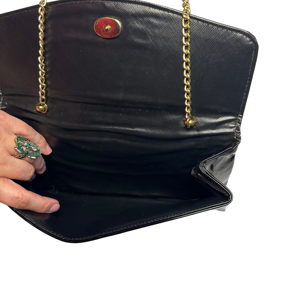 VTG 70s Patent Leather Black Gold Chain Convertible Clutch Shoulder Bag Purse
