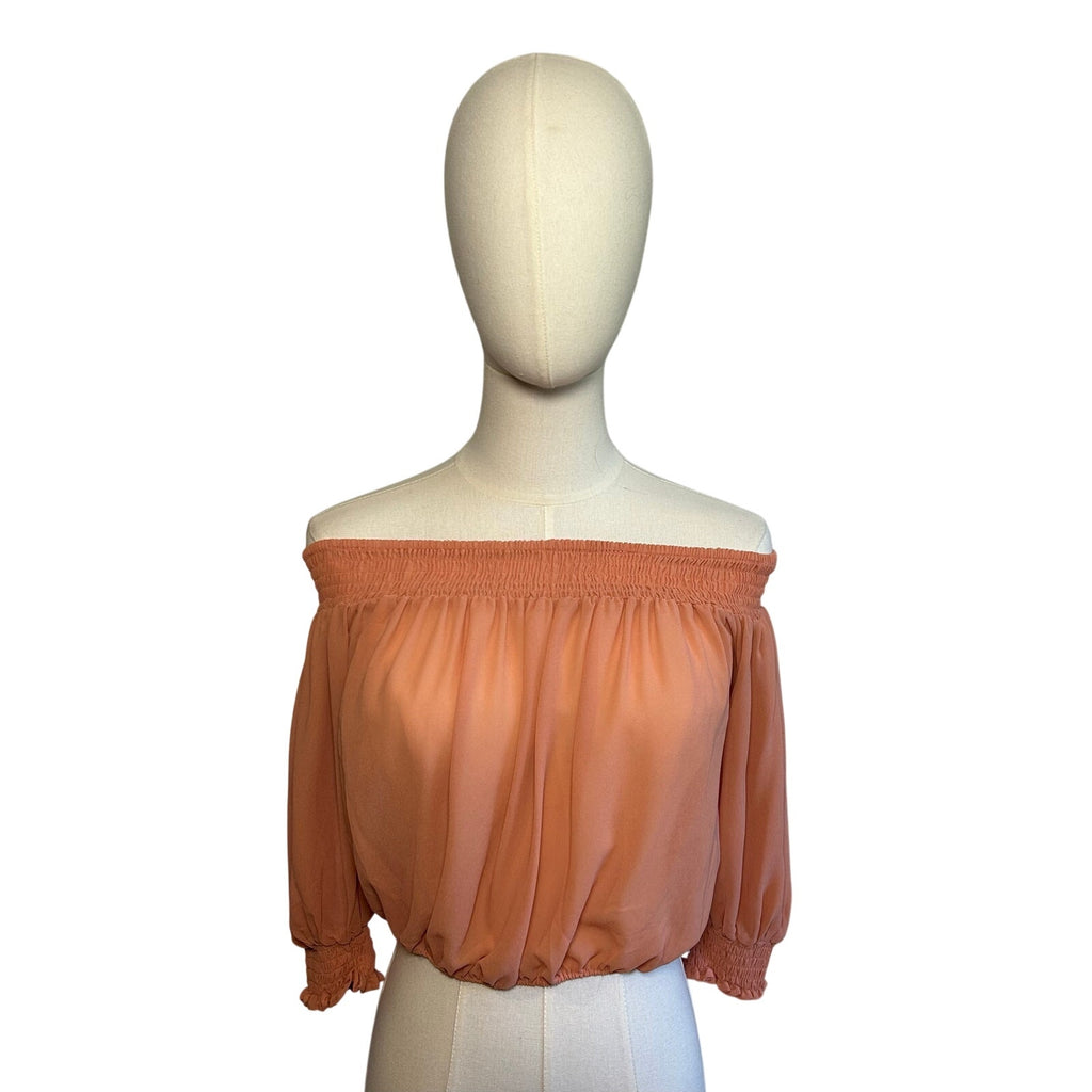 Peach Sheer Chiffon Smocked Cropped M Blouse Fairycore  Coquette Whimsigoth Boho
