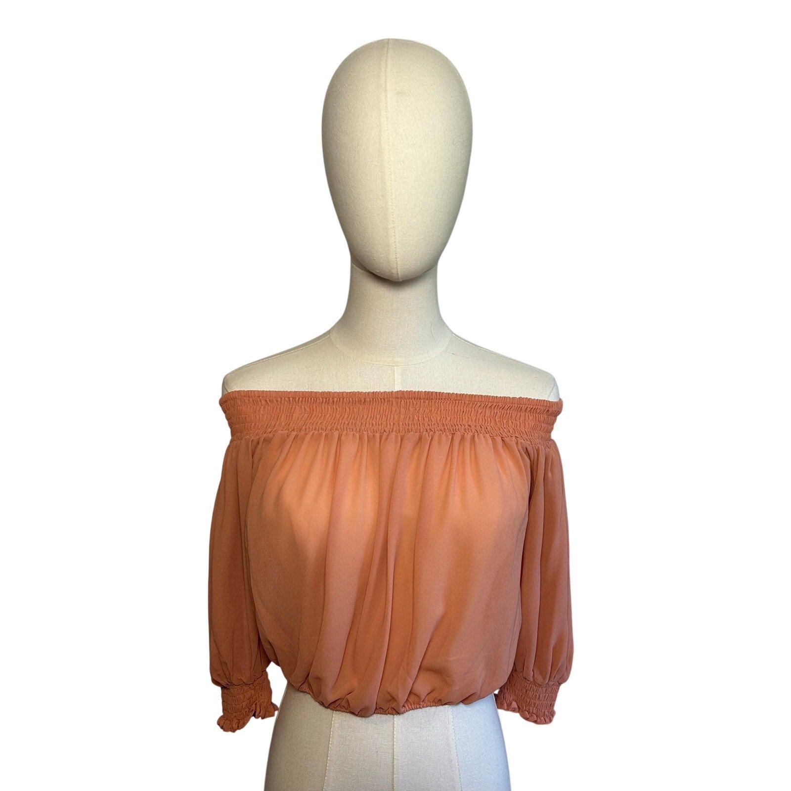 Peach Sheer Chiffon Smocked Cropped M Blouse Fairycore  Coquette Whimsigoth Boho