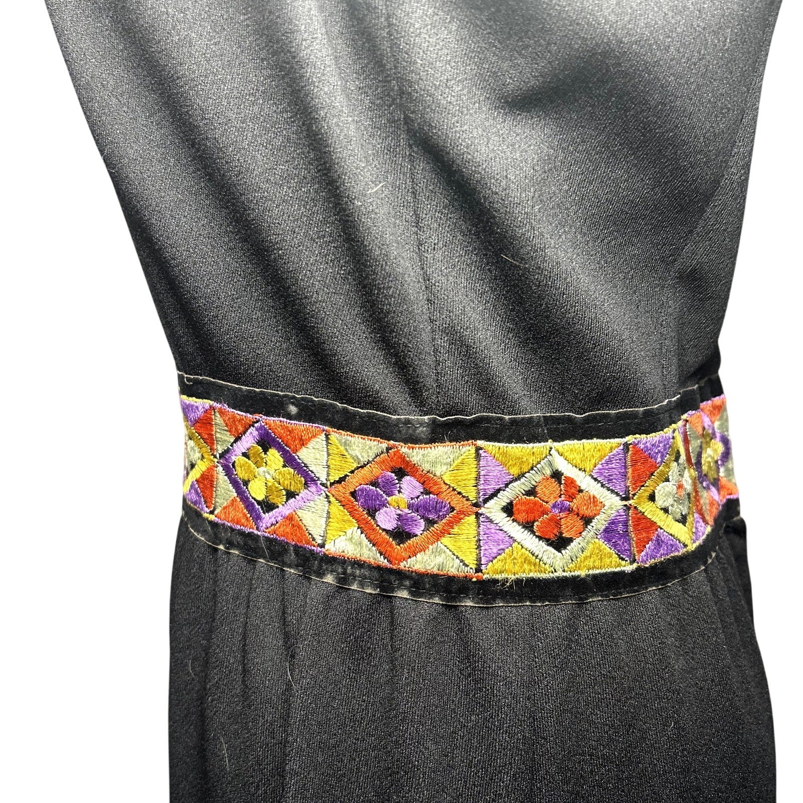 VTG 70s Black Folk Maxi Dress Embroidered Velvet Trim Ruffle Boho Hostess Small