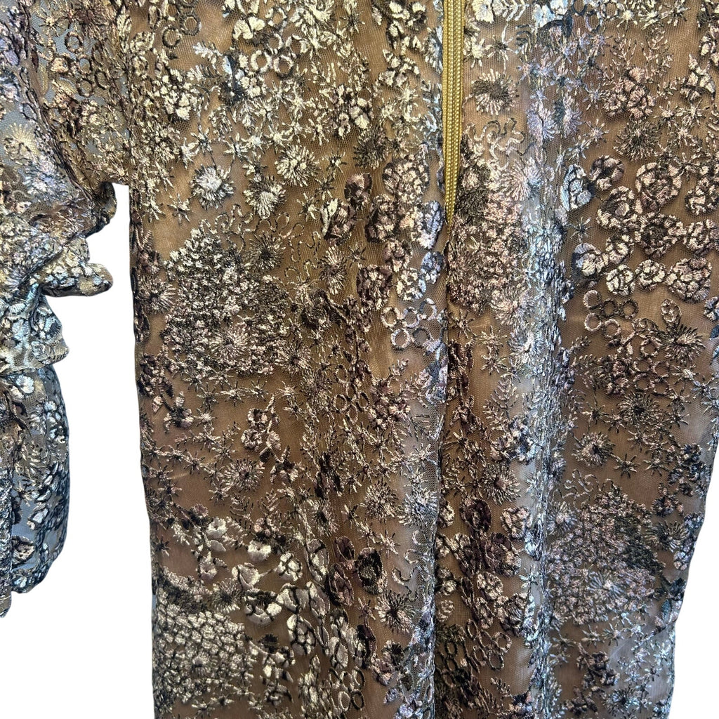 VTG 60s Metallic Floral Lace Dress Bell Sleeve Girls 12 14 or Women XXS Gold