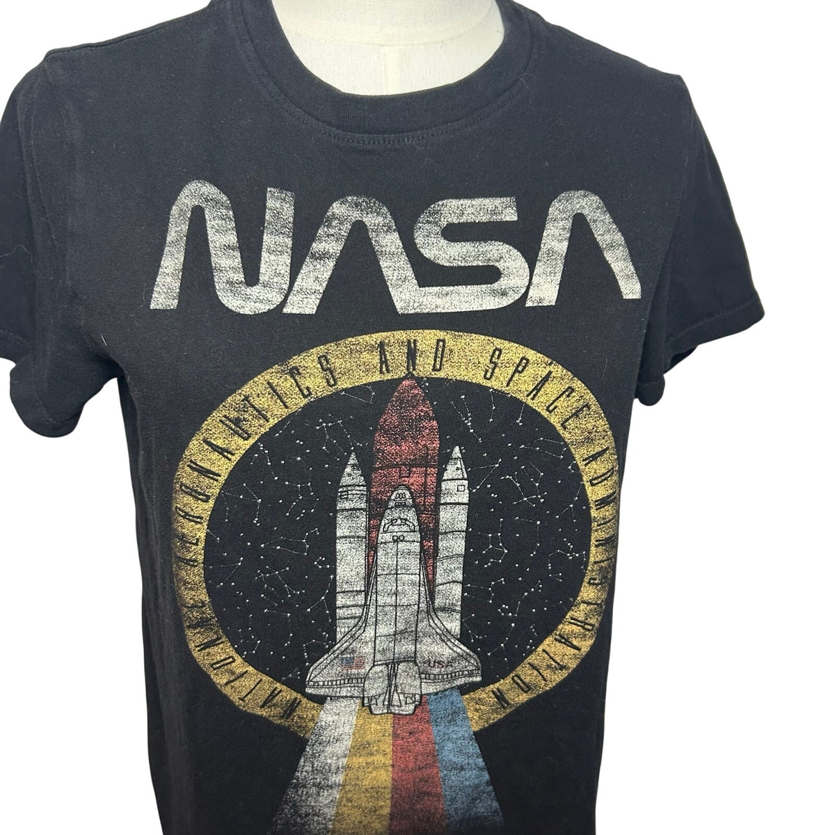 NASA Space Shuttle Graphic Black Cotton T-Shirt M Grunge Y2K Geek Science Retro
