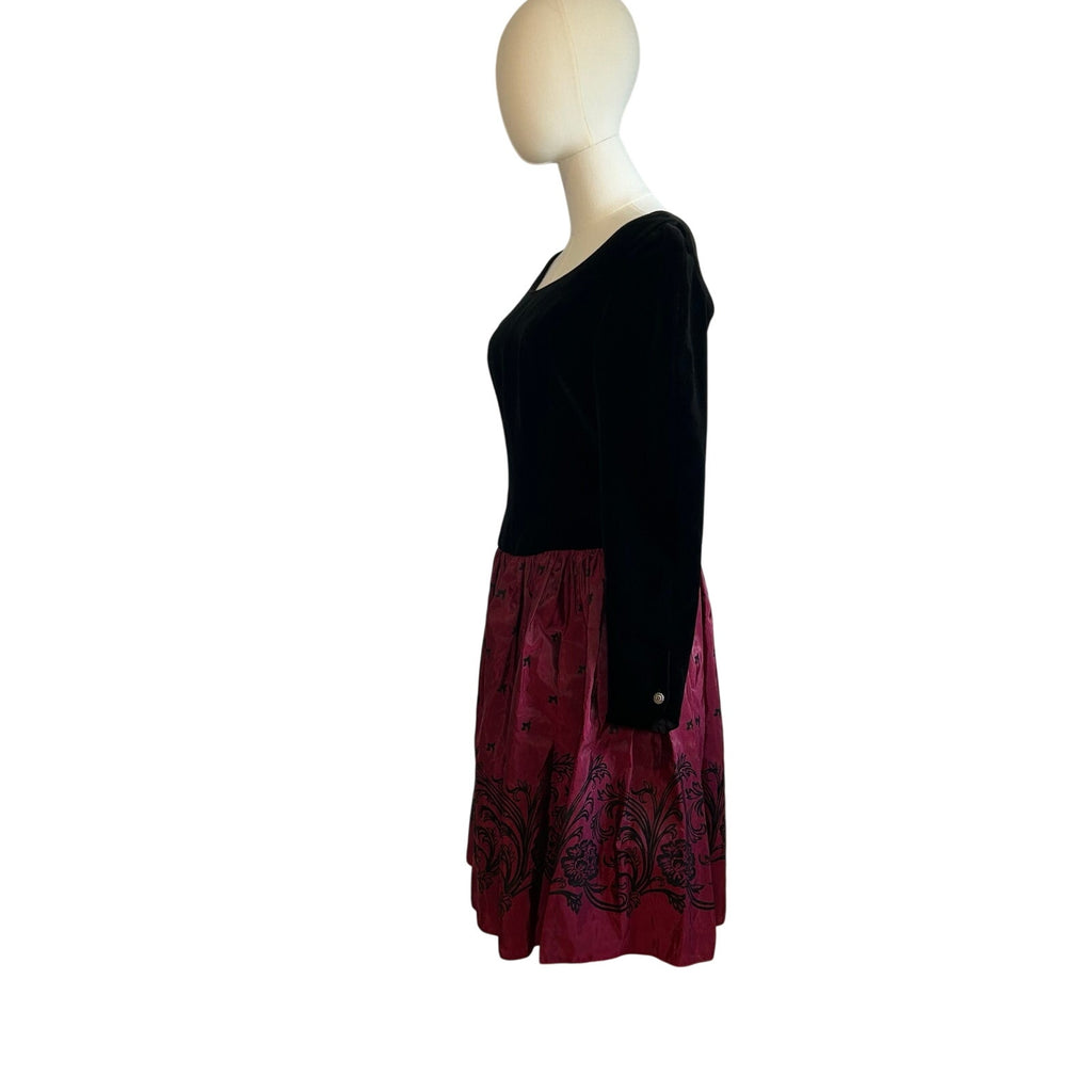 VTG 90s Laura Ashley Black Red Velvet 12 Midi Dress Long Sleeve Whimsigoth