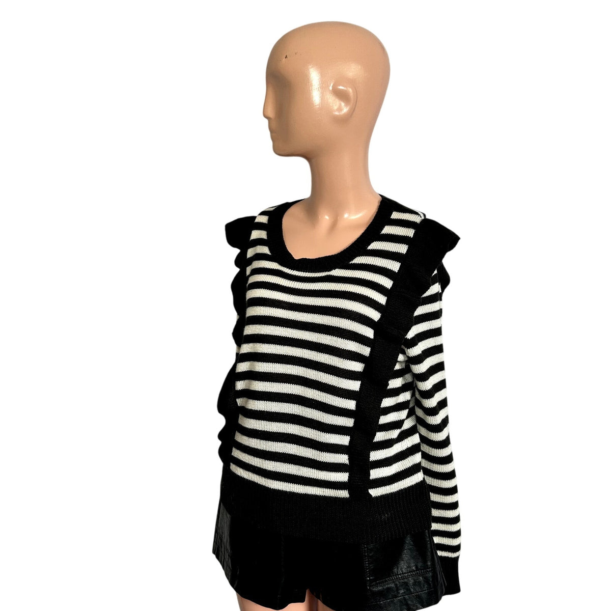 Jack by BB Dakota Black White Striped M Knit Sweater Preppy Ruffle Trim Coquette
