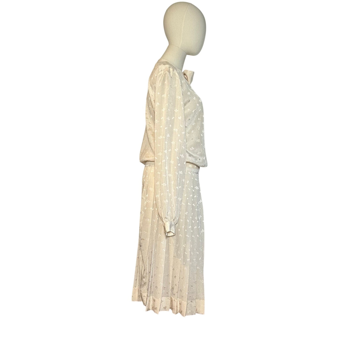 VTG 70s White Pussy Bow Pleated M Midi Dress Retro Twee Preppy Coquette Wedding