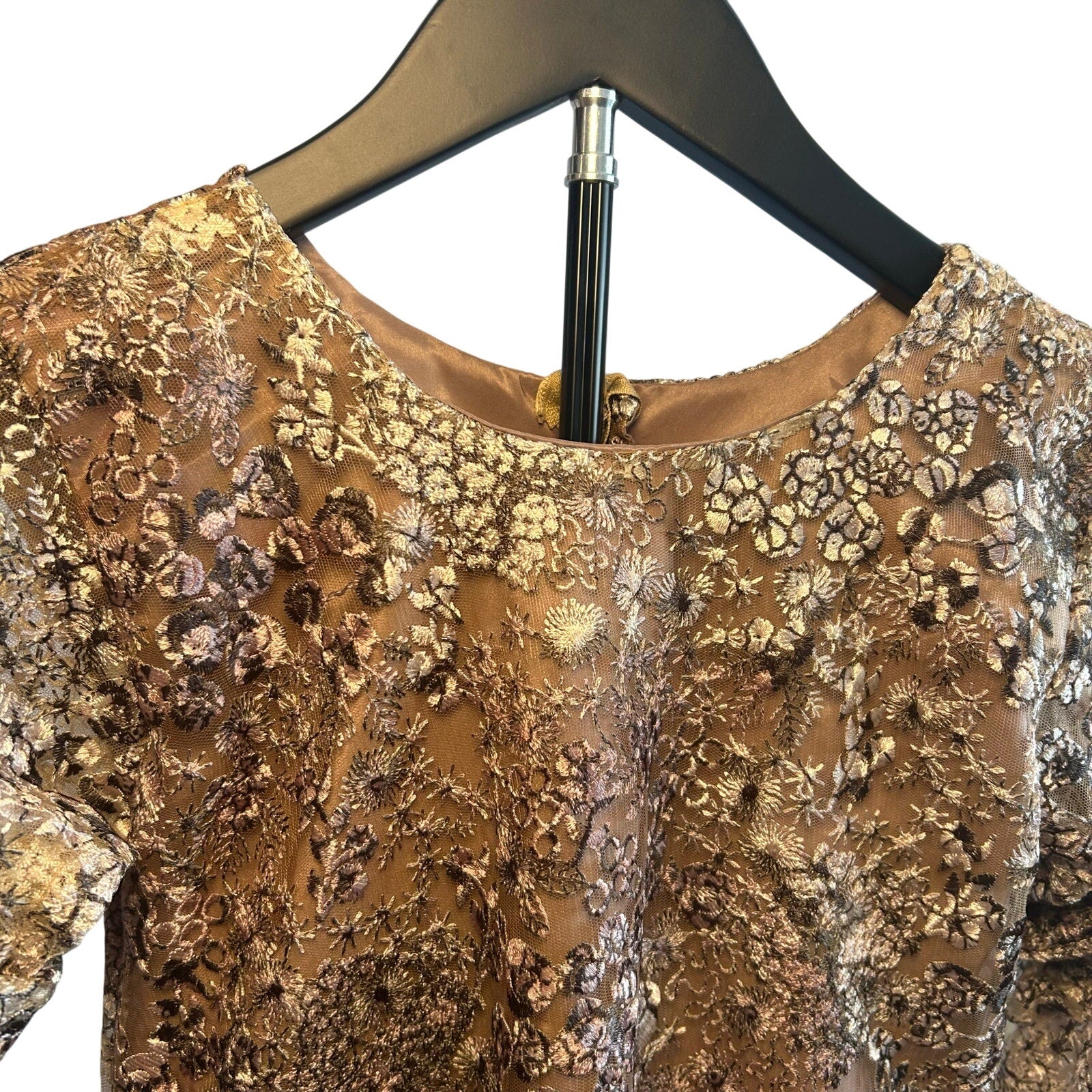 VTG 60s Metallic Floral Lace Dress Bell Sleeve Girls 12 14 or Women XXS Gold