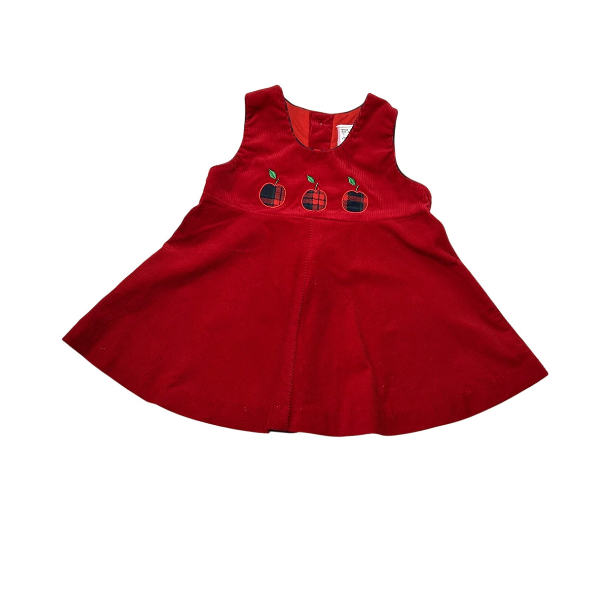 VTG 90s 24M Red Corduroy Embroidered Apple Buffalo Plaid A-Line Pinafore Dress