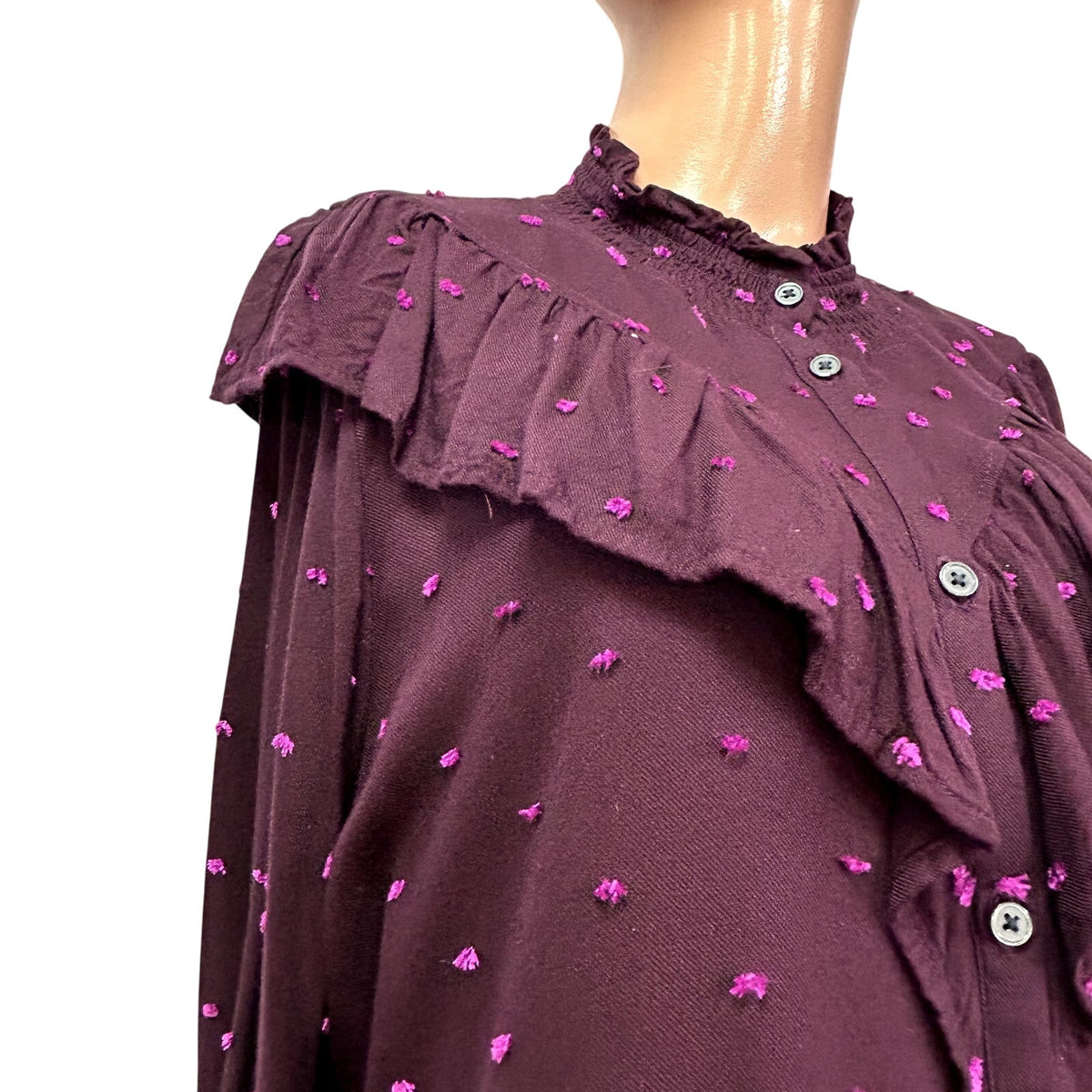 LOFT M Purple Blouse Swiss Dot Smocking Coquette Ruffle Feminine Chic Clown Boho