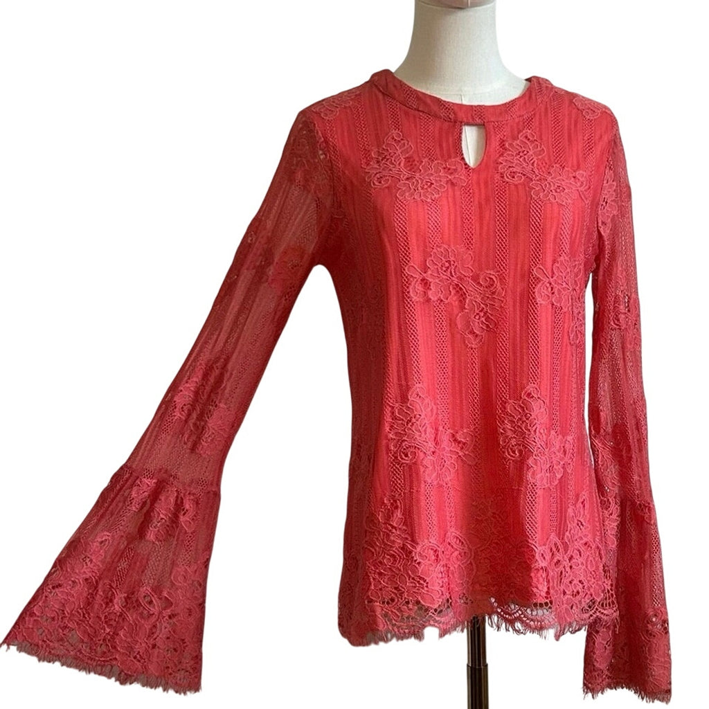 Ultra Pink Floral Lace Top Sheer Bell Sleeves M Coquette Fairy Gypsy Feminine