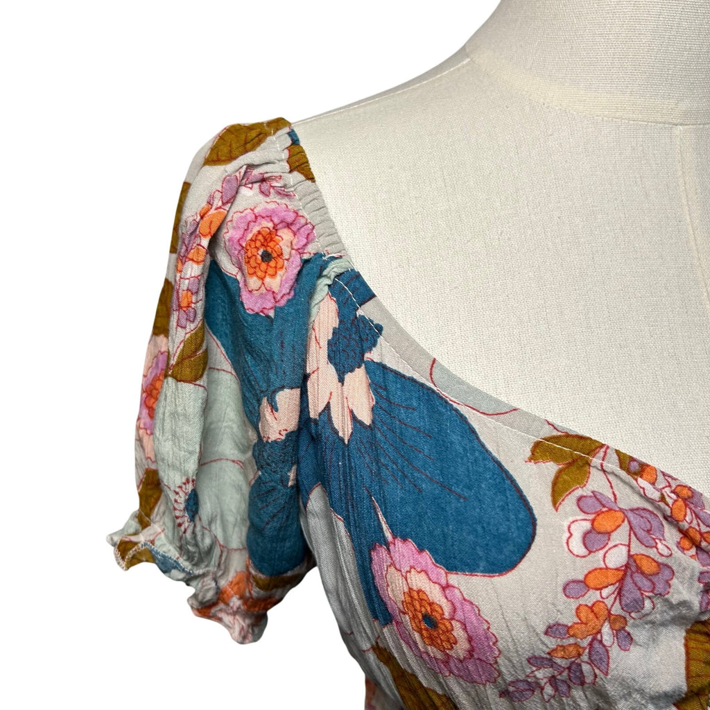 Angie Floral Smocked Boho Mini Dress Medium Cottage Indie Retro Rayon Festival